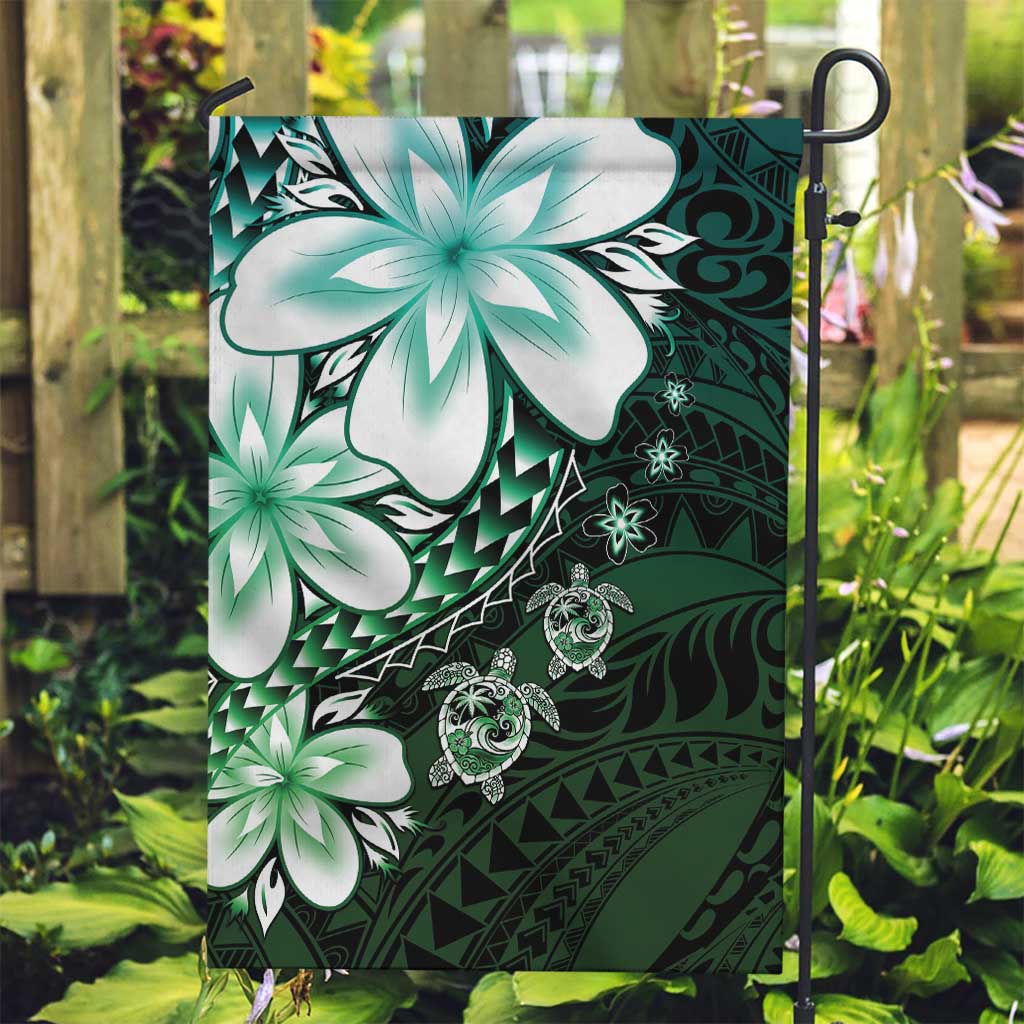 Polynesia Romantic Valentine Garden Flag Sea Turtle Couple With Aqua Gradient Plumeria