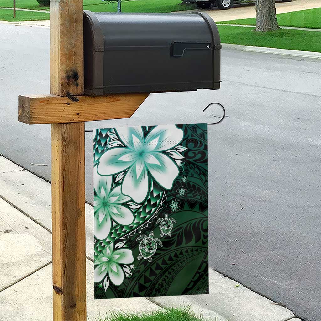Polynesia Romantic Valentine Garden Flag Sea Turtle Couple With Aqua Gradient Plumeria