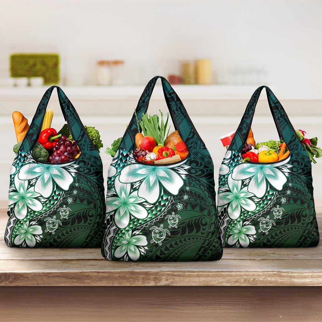Polynesia Romantic Valentine Grocery Bag Sea Turtle Couple With Aqua Gradient Plumeria LT05 3-pack One Size Aqua - Polynesian Pride