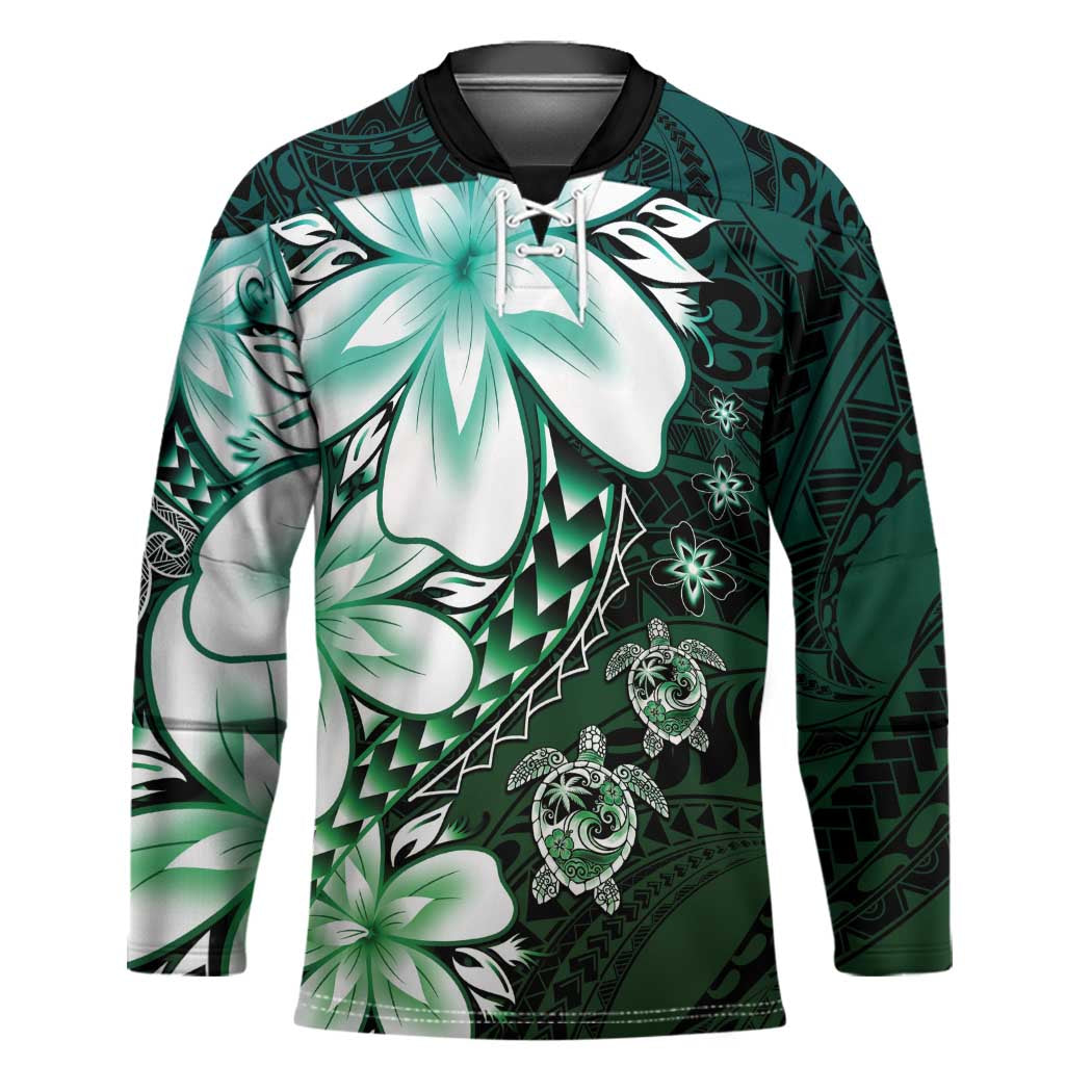 Polynesia Romantic Valentine Hockey Jersey Sea Turtle Couple With Aqua Gradient Plumeria LT05 Unisex Aqua - Polynesian Pride