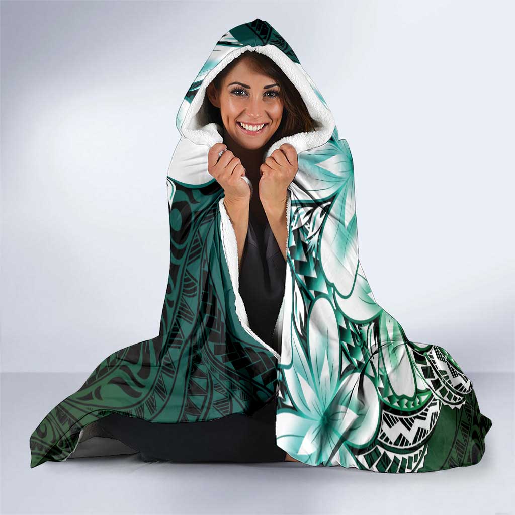 Polynesia Romantic Valentine Hooded Blanket Sea Turtle Couple With Aqua Gradient Plumeria LT05 - Polynesian Pride