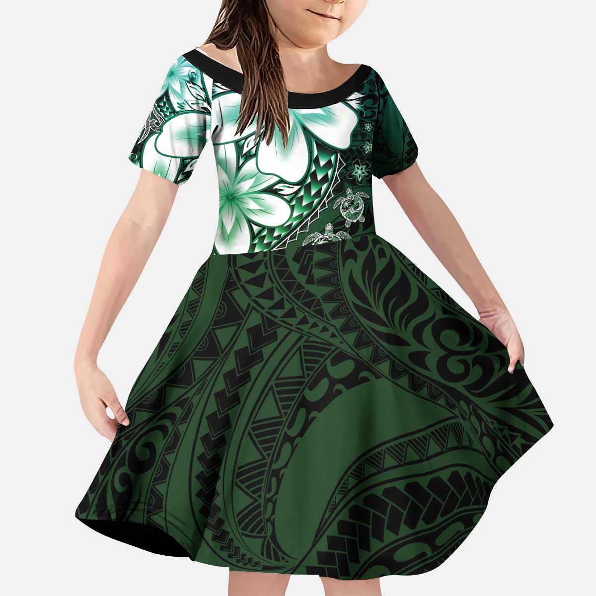 Polynesia Romantic Valentine Kid Short Sleeve Dress Sea Turtle Couple With Aqua Gradient Plumeria LT05 KID Aqua - Polynesian Pride