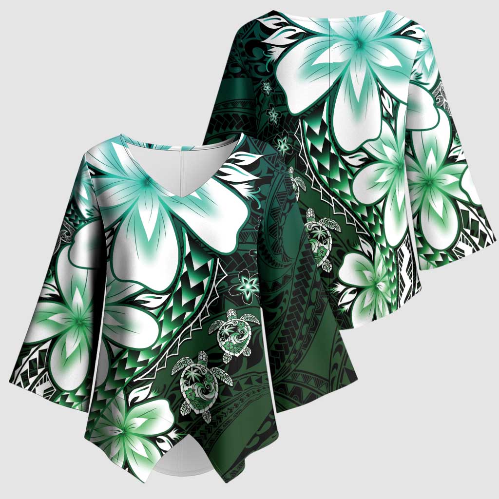 Polynesia Romantic Valentine Kimono Sleeve Blouse Sea Turtle Couple With Aqua Gradient Plumeria LT05 - Polynesian Pride