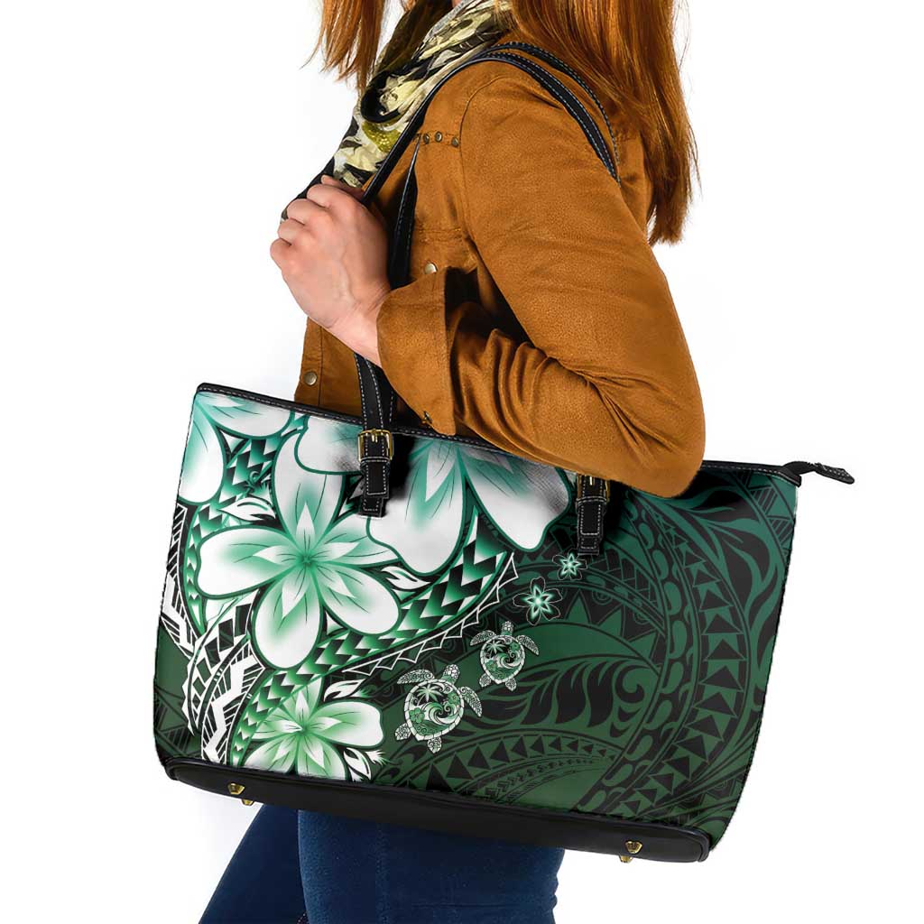 Polynesia Romantic Valentine Leather Tote Bag Sea Turtle Couple With Aqua Gradient Plumeria LT05 Aqua - Polynesian Pride