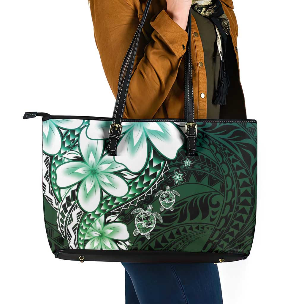 Polynesia Romantic Valentine Leather Tote Bag Sea Turtle Couple With Aqua Gradient Plumeria LT05 - Polynesian Pride