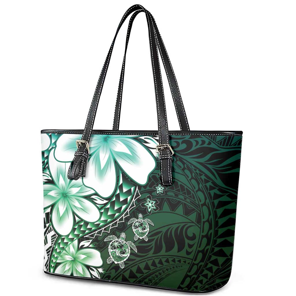 Polynesia Romantic Valentine Leather Tote Bag Sea Turtle Couple With Aqua Gradient Plumeria LT05 - Polynesian Pride