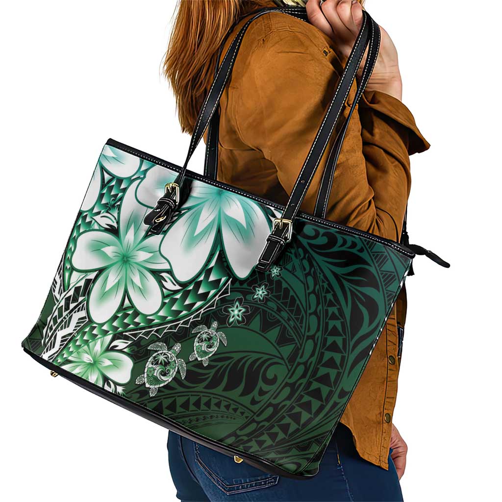 Polynesia Romantic Valentine Leather Tote Bag Sea Turtle Couple With Aqua Gradient Plumeria LT05 - Polynesian Pride