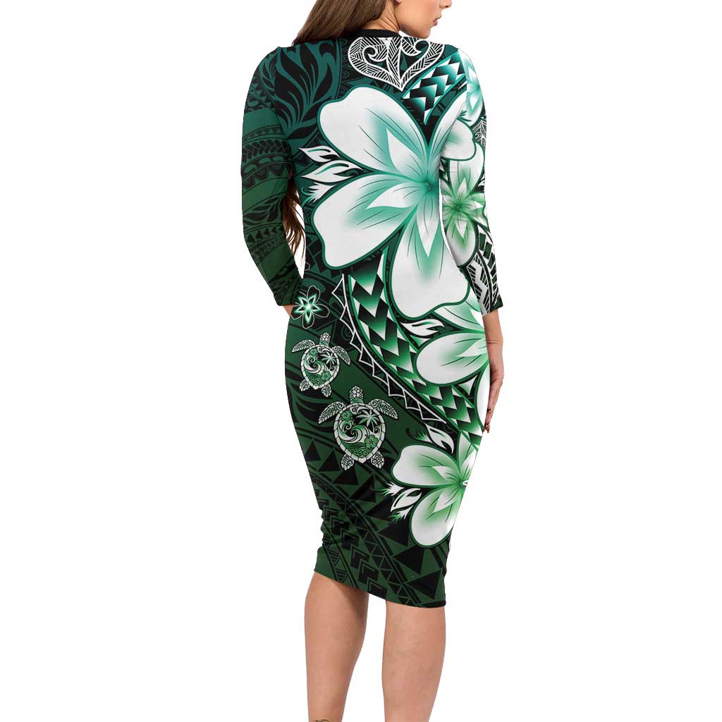 Polynesia Romantic Valentine Long Sleeve Bodycon Dress Sea Turtle Couple With Aqua Gradient Plumeria LT05 - Polynesian Pride