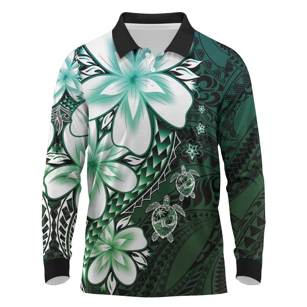 Polynesia Romantic Valentine Long Sleeve Polo Shirt Sea Turtle Couple With Aqua Gradient Plumeria LT05 Aqua - Polynesian Pride