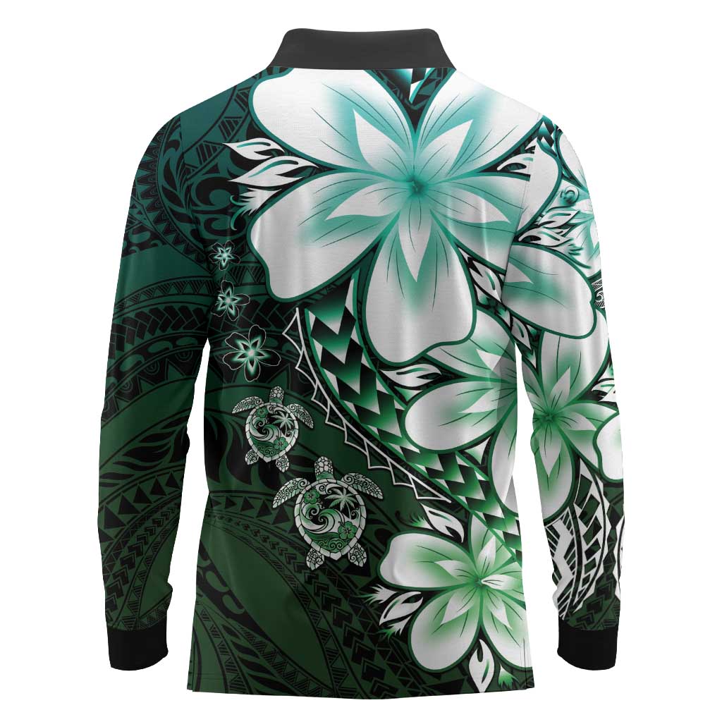 Polynesia Romantic Valentine Long Sleeve Polo Shirt Sea Turtle Couple With Aqua Gradient Plumeria LT05 - Polynesian Pride