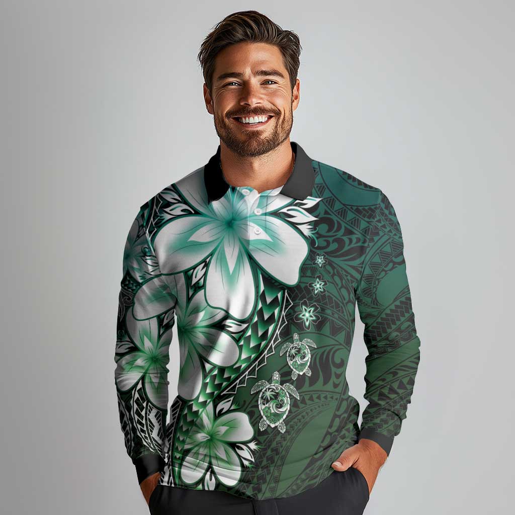 Polynesia Romantic Valentine Long Sleeve Polo Shirt Sea Turtle Couple With Aqua Gradient Plumeria LT05 - Polynesian Pride