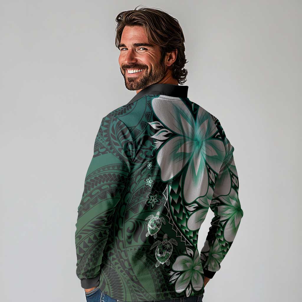 Polynesia Romantic Valentine Long Sleeve Polo Shirt Sea Turtle Couple With Aqua Gradient Plumeria LT05 - Polynesian Pride