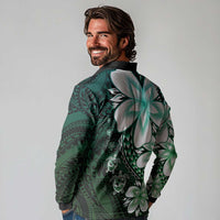 Polynesia Romantic Valentine Long Sleeve Polo Shirt Sea Turtle Couple With Aqua Gradient Plumeria LT05 - Polynesian Pride