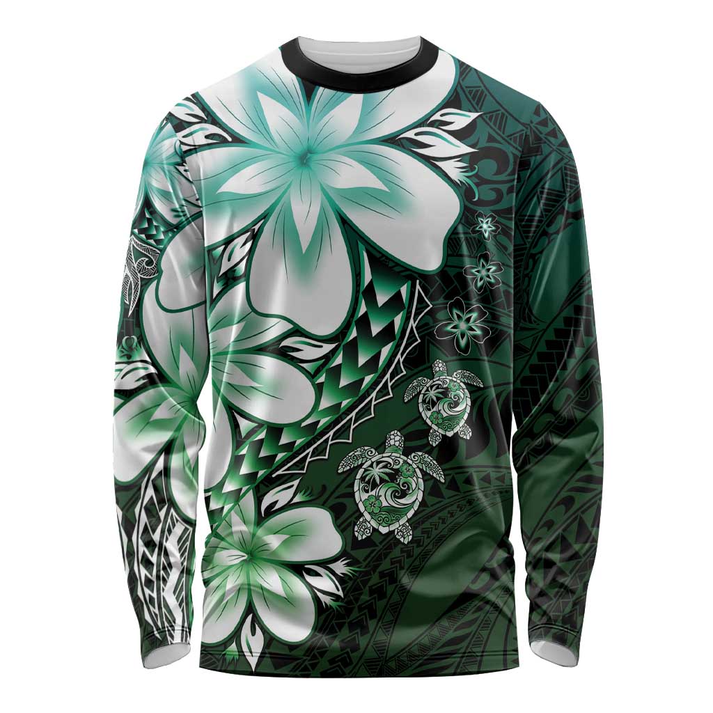 Polynesia Romantic Valentine Long Sleeve Shirt Sea Turtle Couple With Aqua Gradient Plumeria LT05 Unisex Aqua - Polynesian Pride