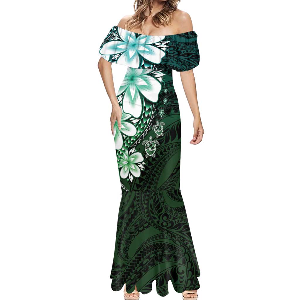 Polynesia Romantic Valentine Mermaid Dress Sea Turtle Couple With Aqua Gradient Plumeria LT05 - Polynesian Pride