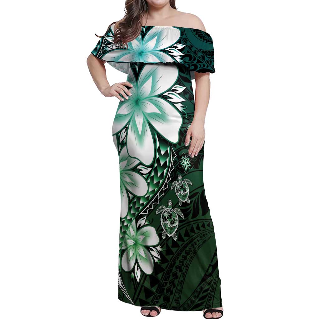 Polynesia Romantic Valentine Off Shoulder Maxi Dress Sea Turtle Couple With Aqua Gradient Plumeria LT05 Women Aqua - Polynesian Pride
