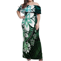 Polynesia Romantic Valentine Off Shoulder Maxi Dress Sea Turtle Couple With Aqua Gradient Plumeria LT05 Women Aqua - Polynesian Pride