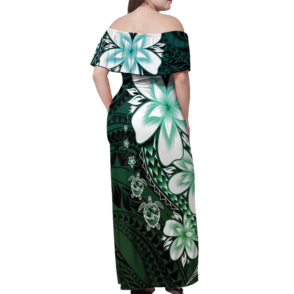 Polynesia Romantic Valentine Off Shoulder Maxi Dress Sea Turtle Couple With Aqua Gradient Plumeria LT05 - Polynesian Pride