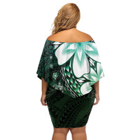 Polynesia Romantic Valentine Off Shoulder Short Dress Sea Turtle Couple With Aqua Gradient Plumeria