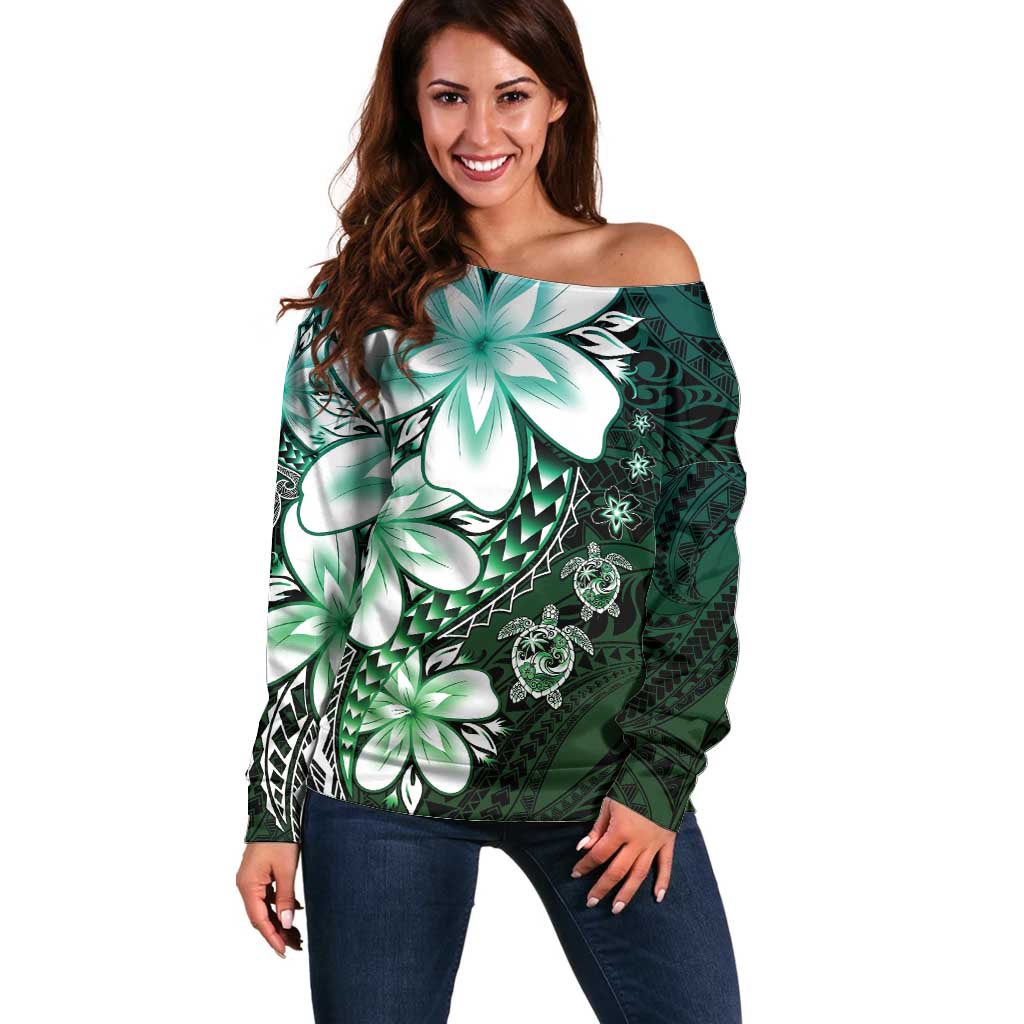 Polynesia Romantic Valentine Off Shoulder Sweater Sea Turtle Couple With Aqua Gradient Plumeria LT05 Women Aqua - Polynesian Pride