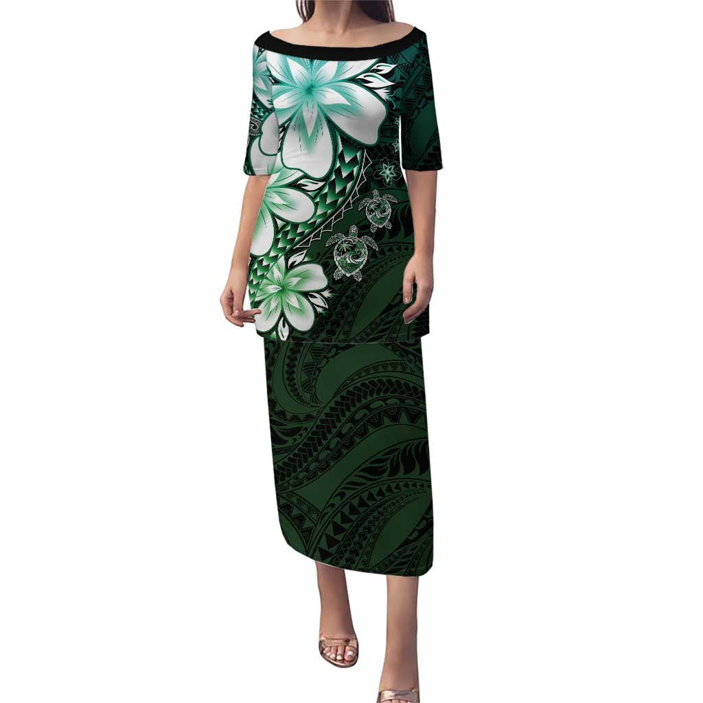 Polynesia Romantic Valentine Puletasi Sea Turtle Couple With Aqua Gradient Plumeria LT05 Long Dress Aqua - Polynesian Pride