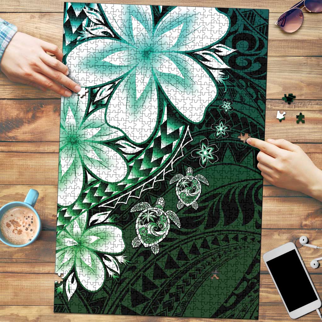 Polynesia Romantic Valentine Puzzle Sea Turtle Couple With Aqua Gradient Plumeria