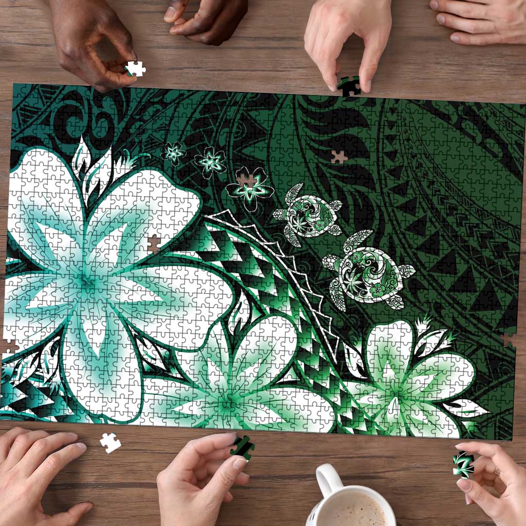 Polynesia Romantic Valentine Puzzle Sea Turtle Couple With Aqua Gradient Plumeria