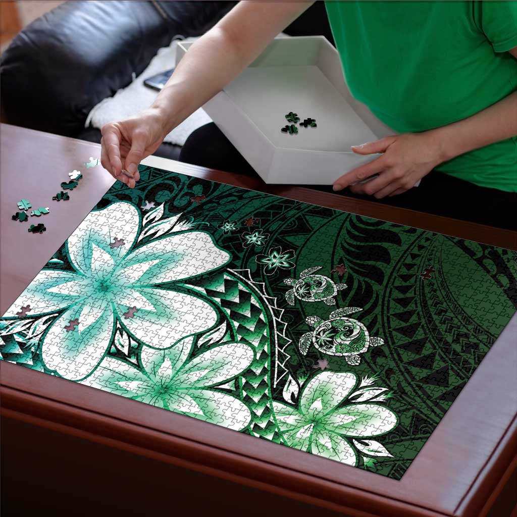 Polynesia Romantic Valentine Puzzle Sea Turtle Couple With Aqua Gradient Plumeria