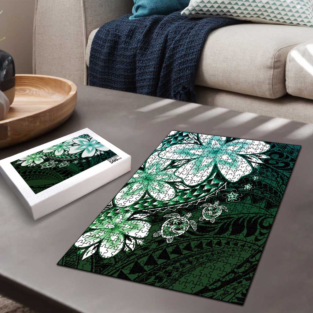 Polynesia Romantic Valentine Puzzle Sea Turtle Couple With Aqua Gradient Plumeria
