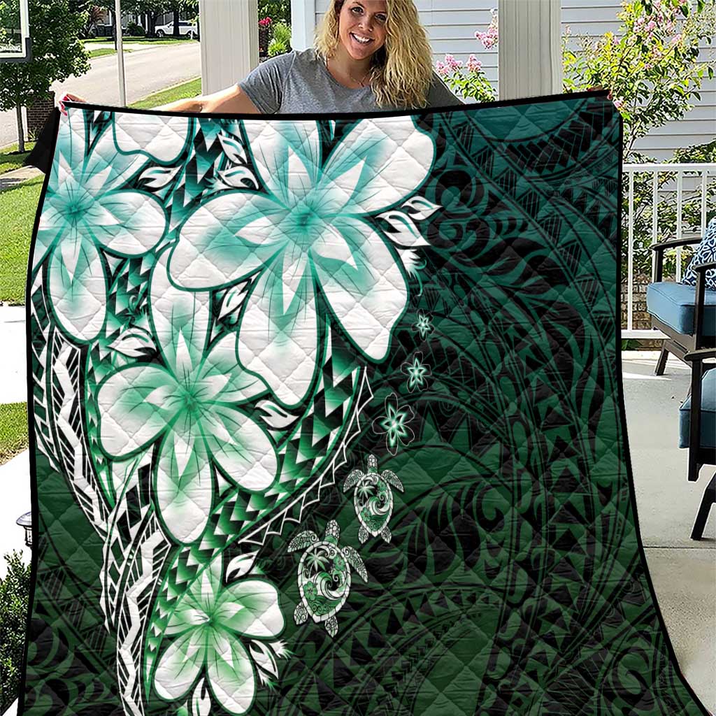 Polynesia Romantic Valentine Quilt Sea Turtle Couple With Aqua Gradient Plumeria LT05 Aqua - Polynesian Pride