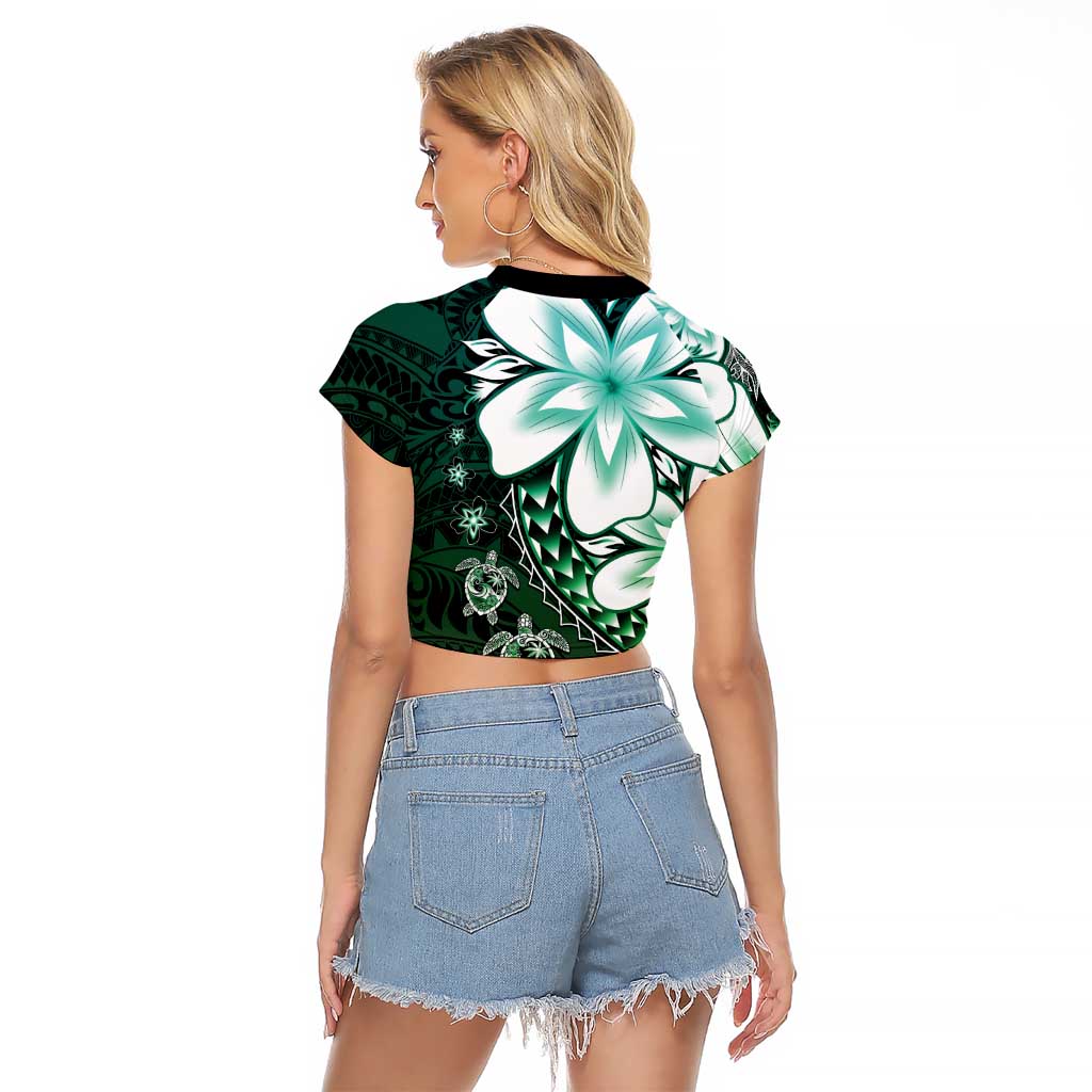 Polynesia Romantic Valentine Raglan Cropped T Shirt Sea Turtle Couple With Aqua Gradient Plumeria LT05 - Polynesian Pride