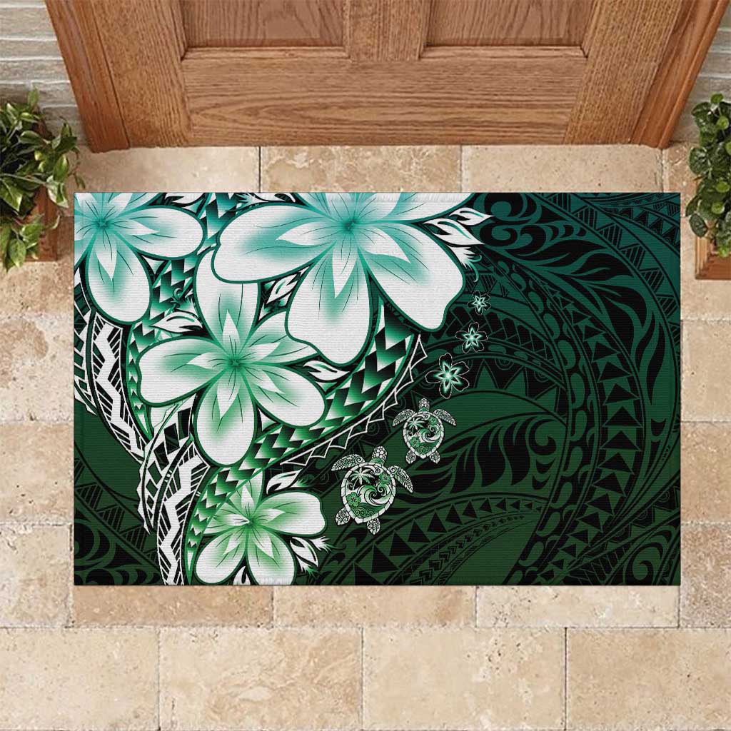 Polynesia Romantic Valentine Rubber Doormat Sea Turtle Couple With Aqua Gradient Plumeria LT05 Aqua - Polynesian Pride