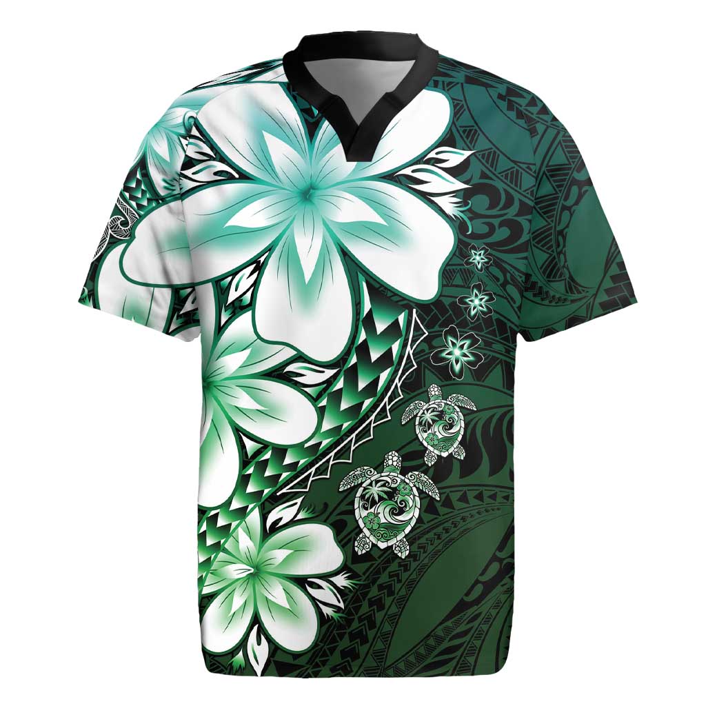 Polynesia Romantic Valentine Rugby Jersey Sea Turtle Couple With Aqua Gradient Plumeria