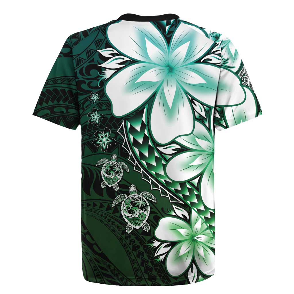 Polynesia Romantic Valentine Rugby Jersey Sea Turtle Couple With Aqua Gradient Plumeria