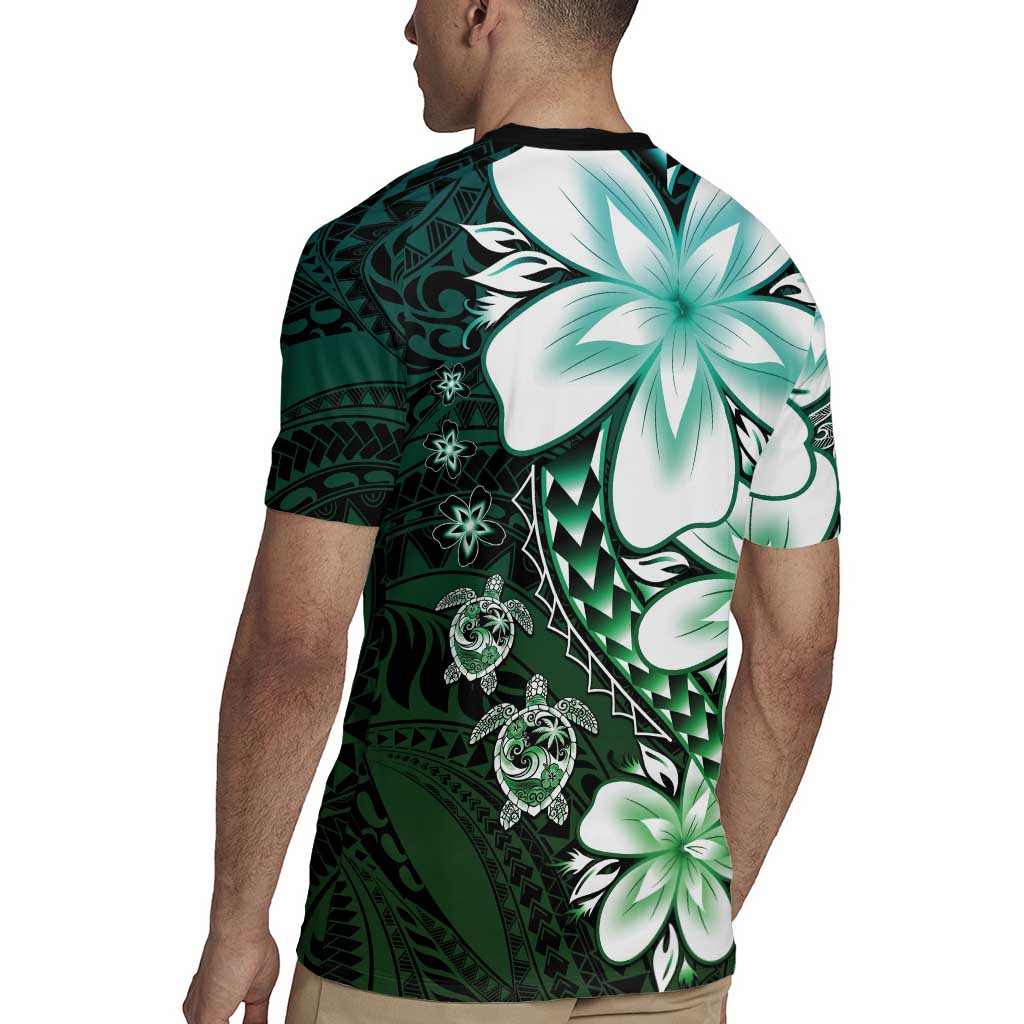 Polynesia Romantic Valentine Rugby Jersey Sea Turtle Couple With Aqua Gradient Plumeria