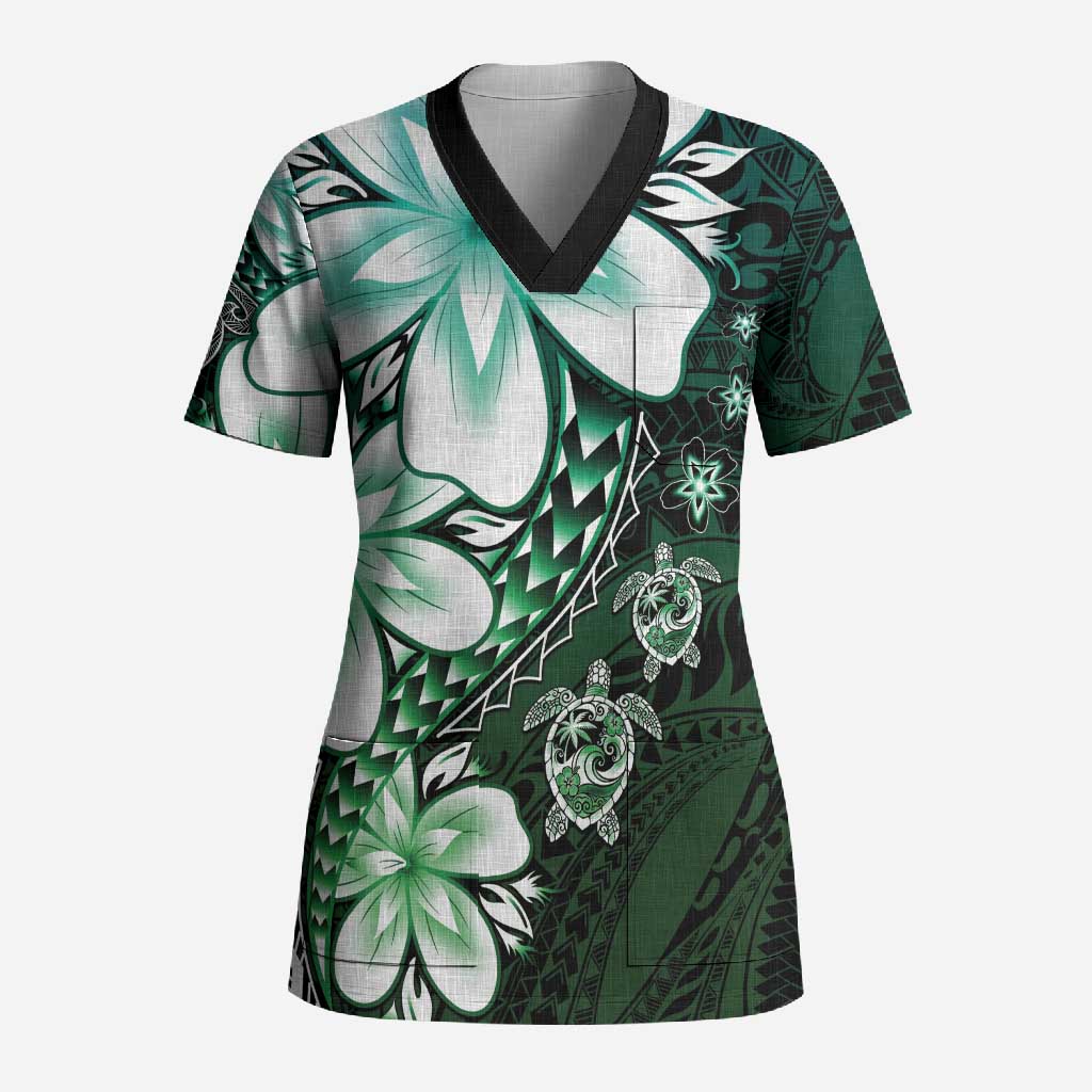 Polynesia Romantic Valentine Scrub Top Sea Turtle Couple With Aqua Gradient Plumeria LT05 Adult Aqua - Polynesian Pride