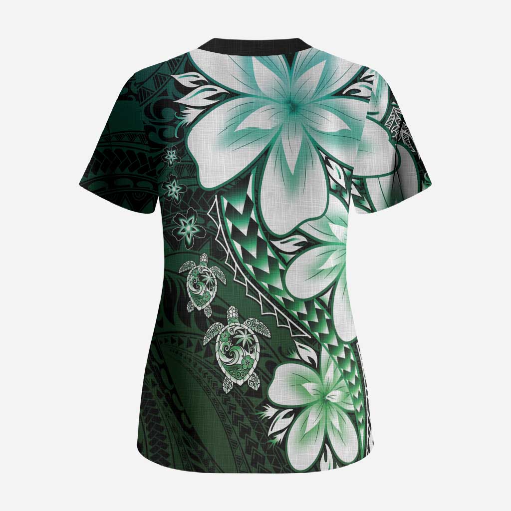 Polynesia Romantic Valentine Scrub Top Sea Turtle Couple With Aqua Gradient Plumeria LT05 - Polynesian Pride