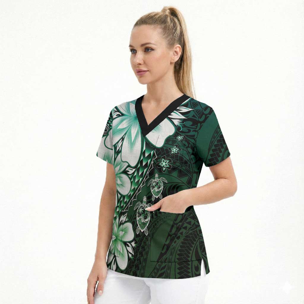 Polynesia Romantic Valentine Scrub Top Sea Turtle Couple With Aqua Gradient Plumeria LT05 - Polynesian Pride