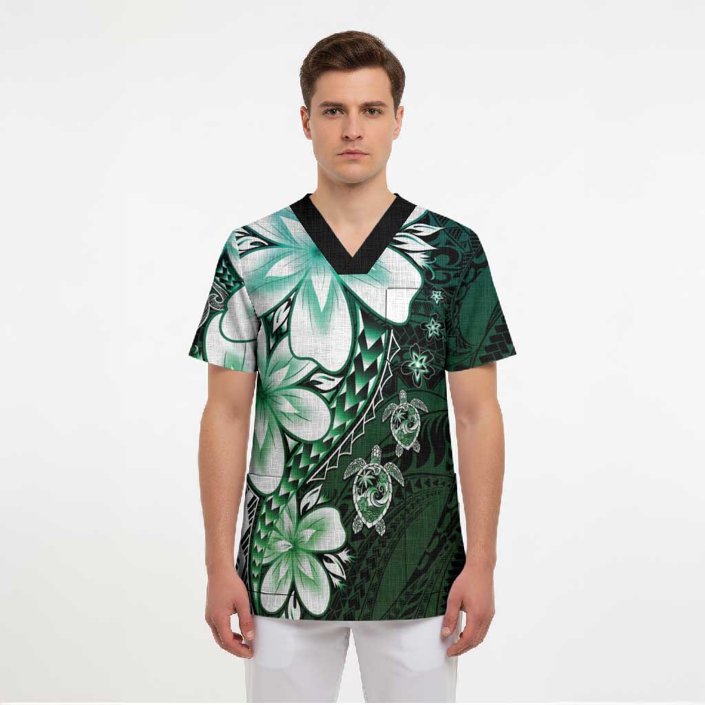Polynesia Romantic Valentine Scrub Top Sea Turtle Couple With Aqua Gradient Plumeria LT05 - Polynesian Pride