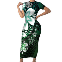Polynesia Romantic Valentine Short Sleeve Bodycon Dress Sea Turtle Couple With Aqua Gradient Plumeria LT05 Long Dress Aqua - Polynesian Pride