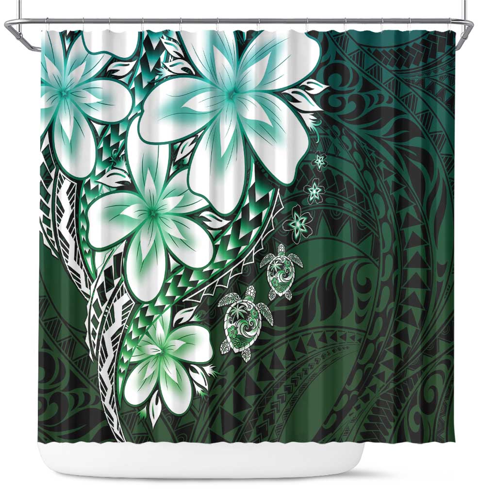 Polynesia Romantic Valentine Shower Curtain Sea Turtle Couple With Aqua Gradient Plumeria LT05 Aqua - Polynesian Pride