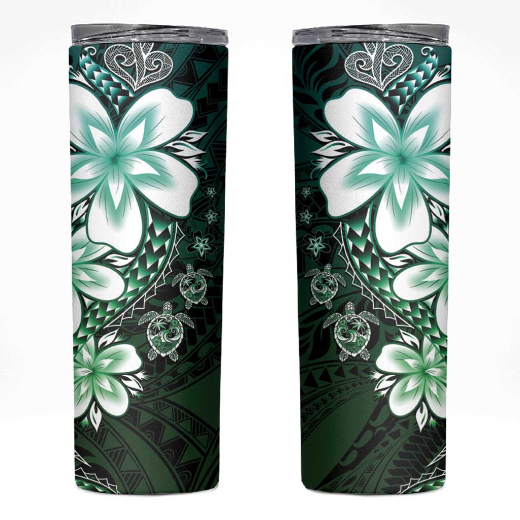 Polynesia Romantic Valentine Skinny Tumbler Sea Turtle Couple With Aqua Gradient Plumeria LT05 Aqua - Polynesian Pride