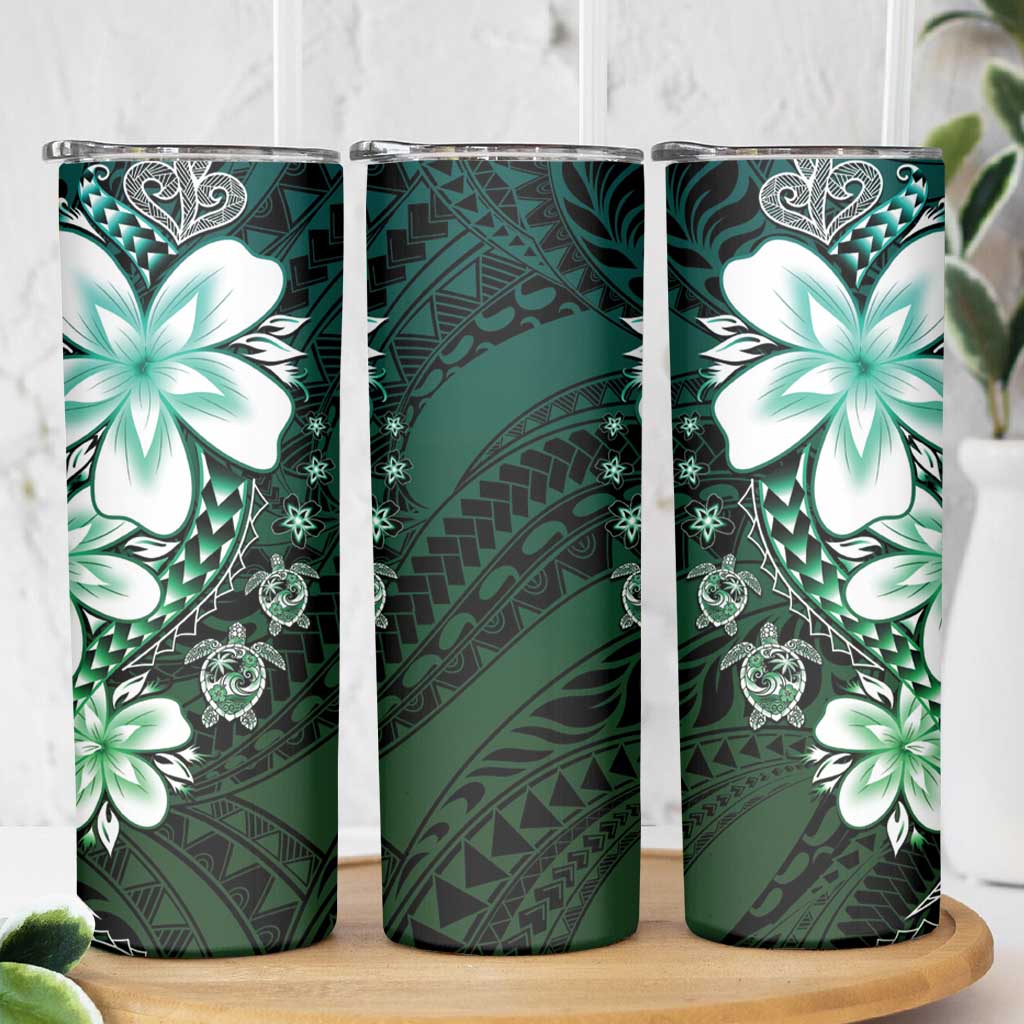 Polynesia Romantic Valentine Skinny Tumbler Sea Turtle Couple With Aqua Gradient Plumeria LT05 - Polynesian Pride