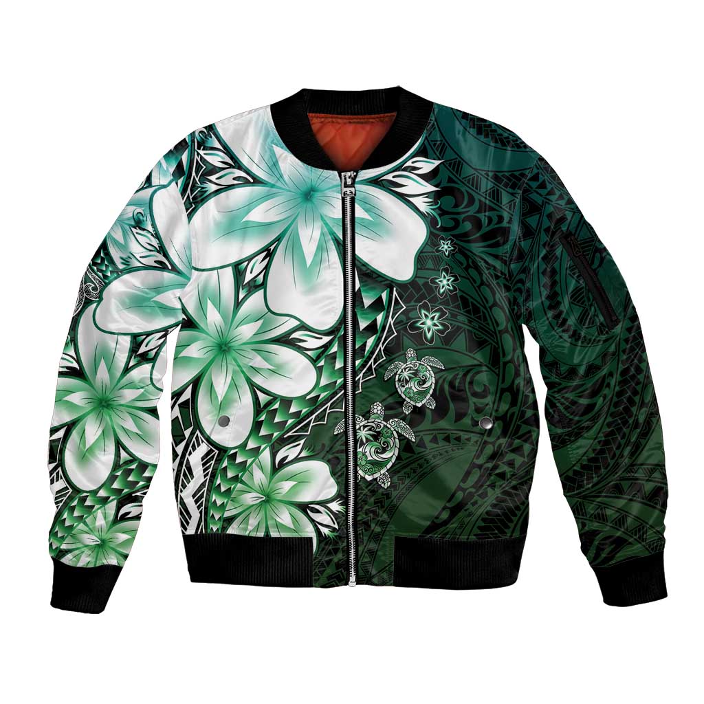 Polynesia Romantic Valentine Sleeve Zip Bomber Jacket Sea Turtle Couple With Aqua Gradient Plumeria LT05 Unisex Aqua - Polynesian Pride