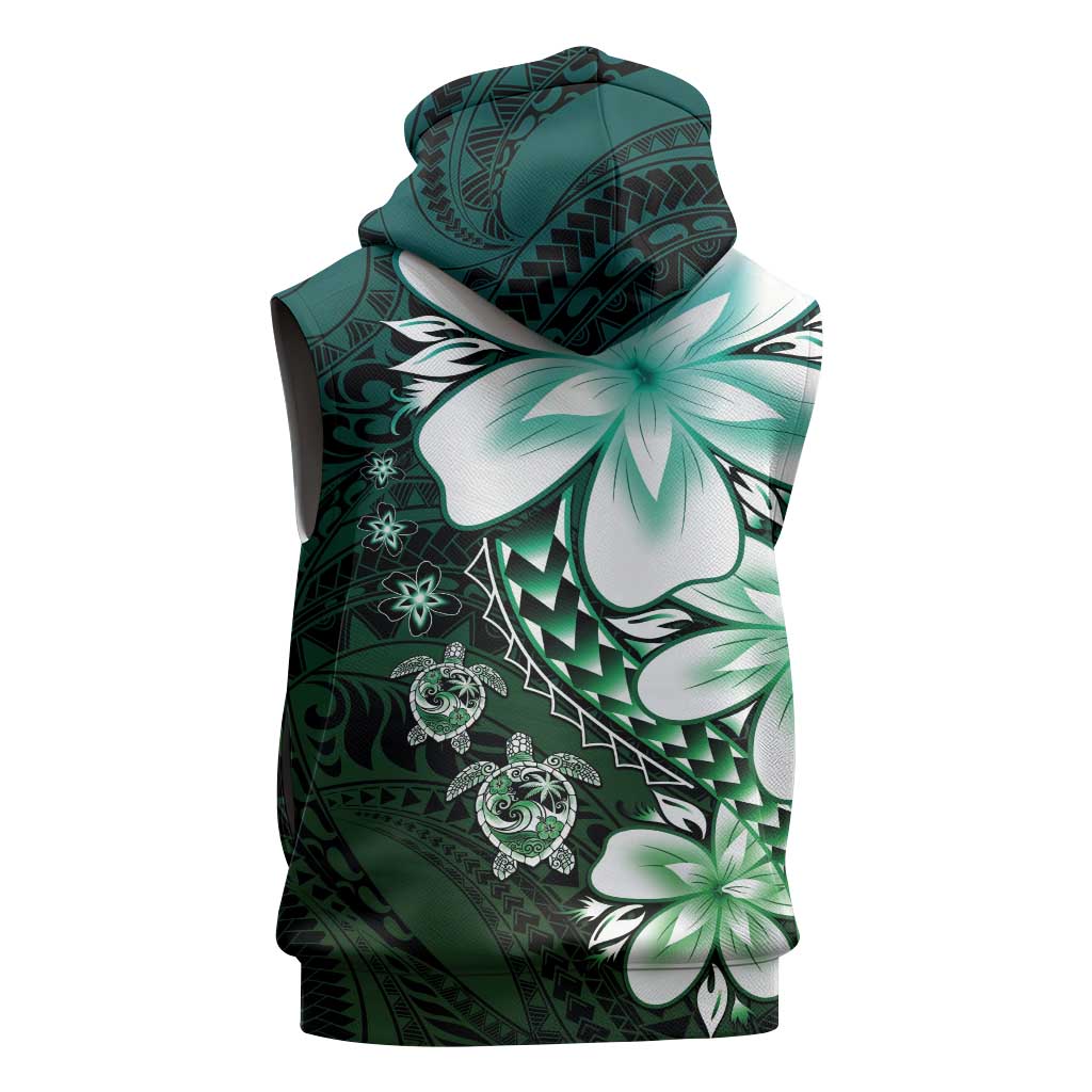 Polynesia Romantic Valentine Sleeveless Hoodie Sea Turtle Couple With Aqua Gradient Plumeria