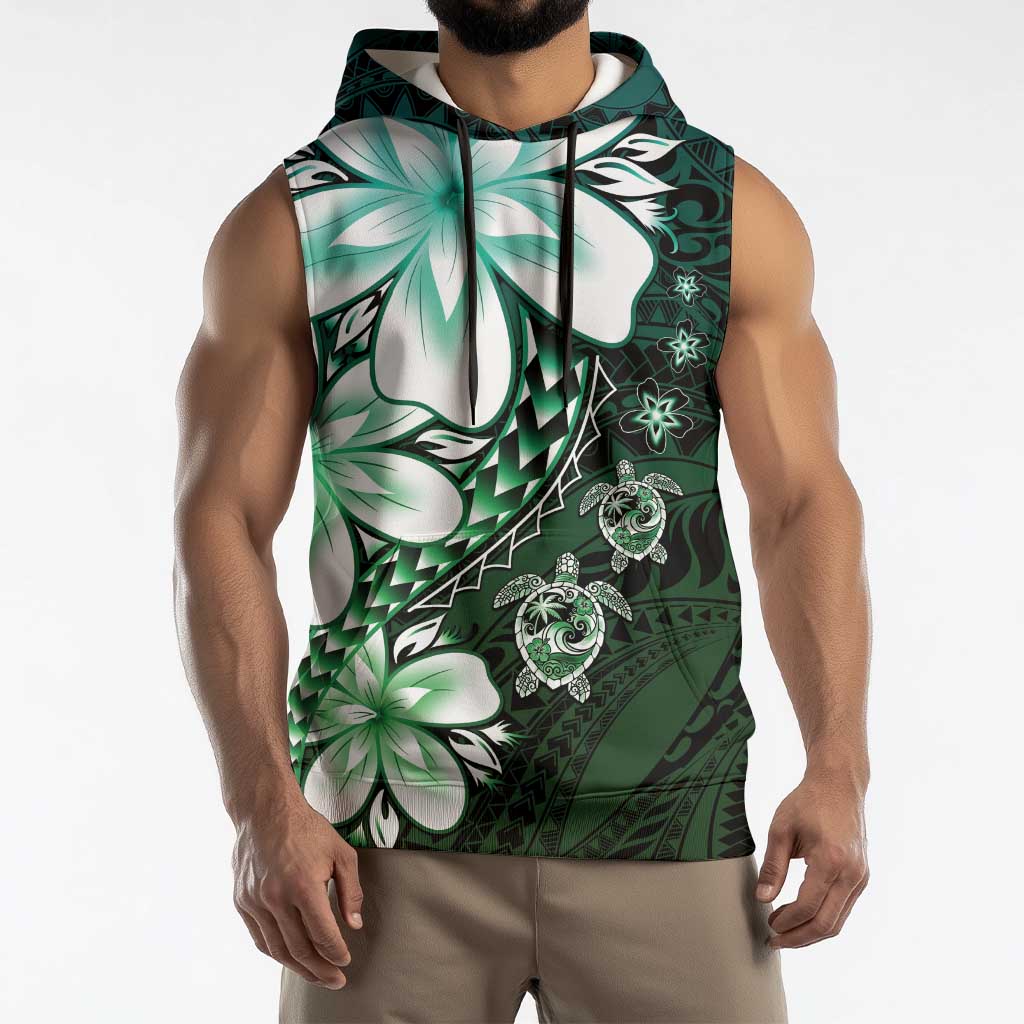 Polynesia Romantic Valentine Sleeveless Hoodie Sea Turtle Couple With Aqua Gradient Plumeria