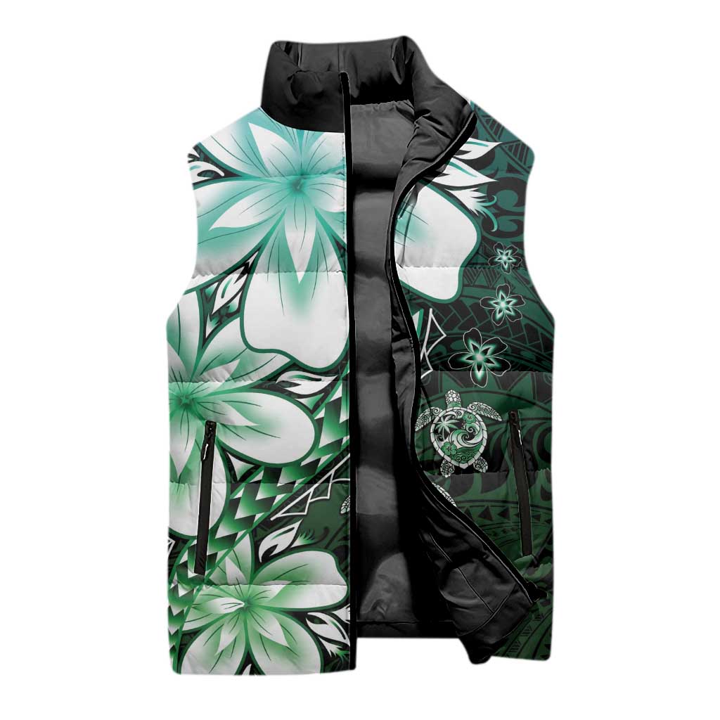 Polynesia Romantic Valentine Sleeveless Puffer Jacket Sea Turtle Couple With Aqua Gradient Plumeria LT05 - Polynesian Pride