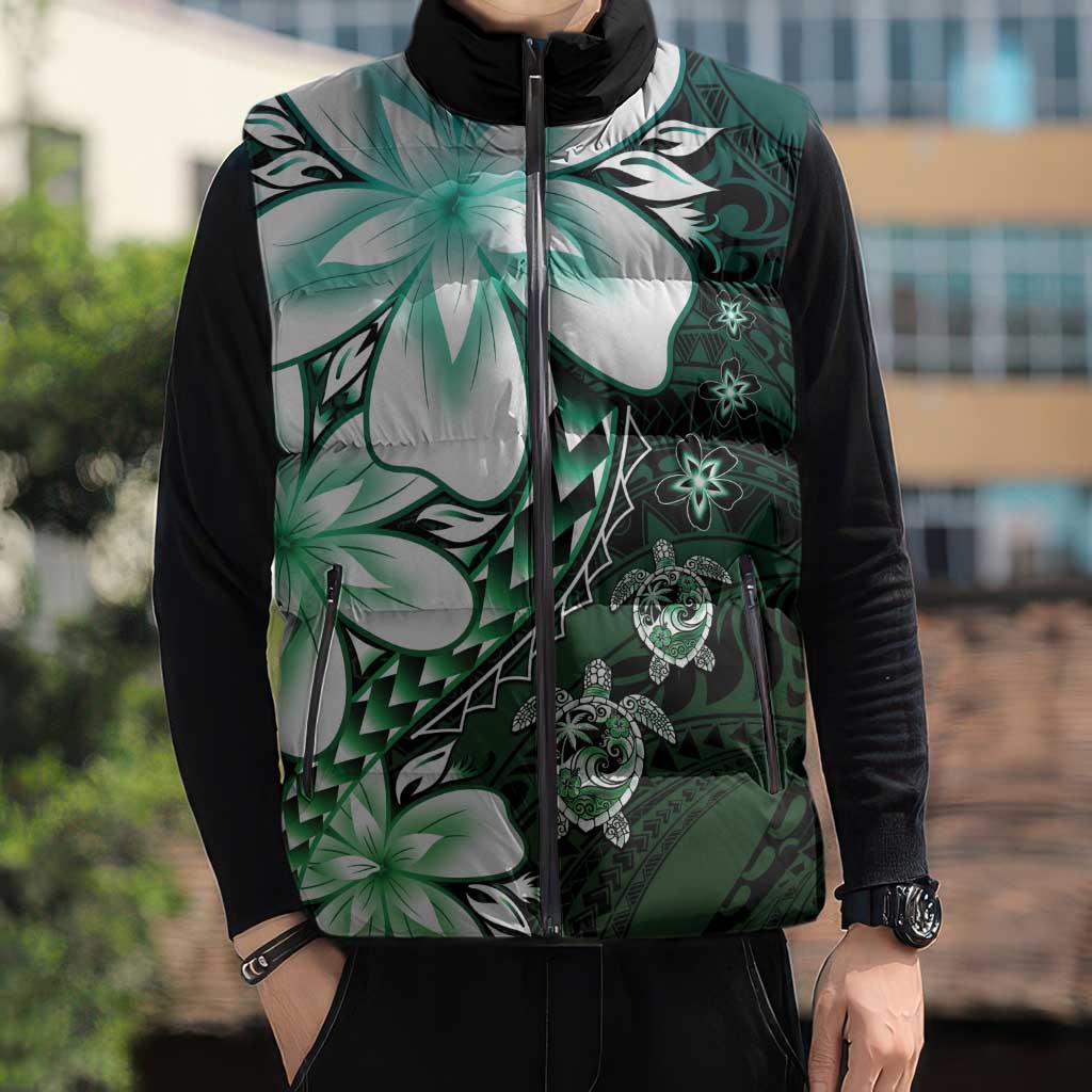 Polynesia Romantic Valentine Sleeveless Puffer Jacket Sea Turtle Couple With Aqua Gradient Plumeria LT05 - Polynesian Pride