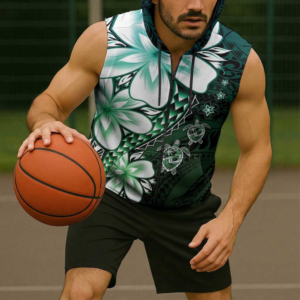 Polynesia Romantic Valentine Sleeveless Zip Hoodie Sea Turtle Couple With Aqua Gradient Plumeria LT05 - Polynesian Pride