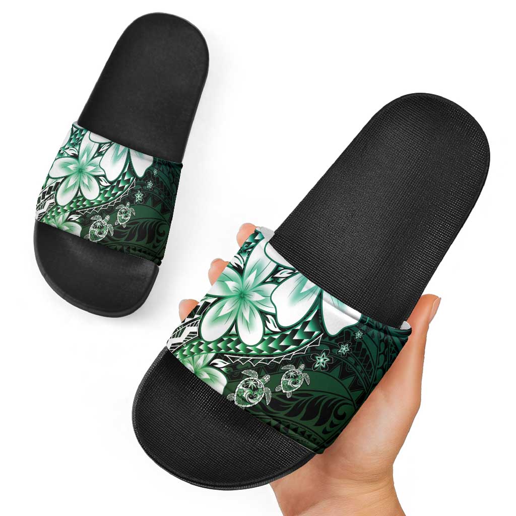 Polynesia Romantic Valentine Slide Sandals Sea Turtle Couple With Aqua Gradient Plumeria LT05 - Polynesian Pride
